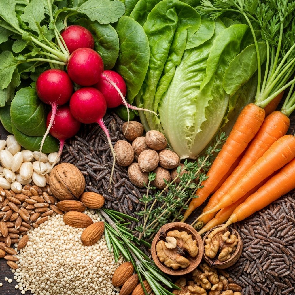 Close-up of fresh vegetables, grains, and healthy ingredients arranged artistically