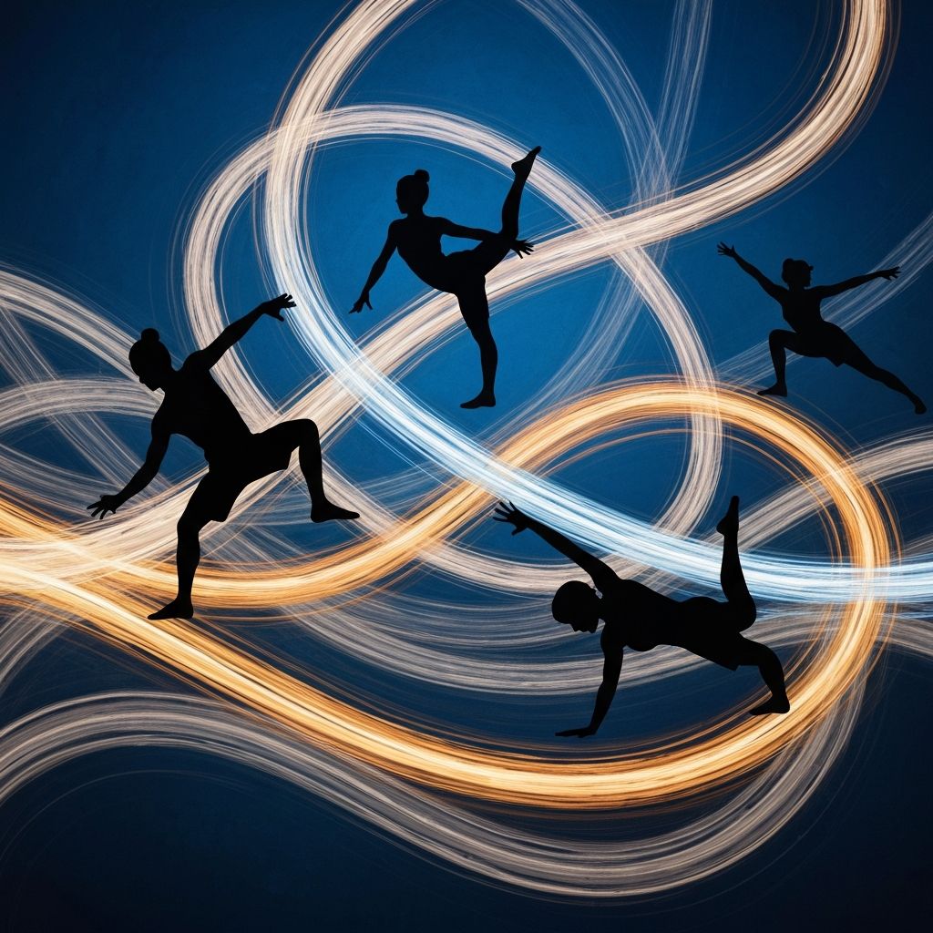 Dynamic abstract image depicting silhouettes in various training poses with flowing movement